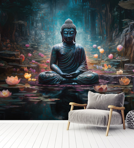 Glowing Buddha Among Lotus Flowers